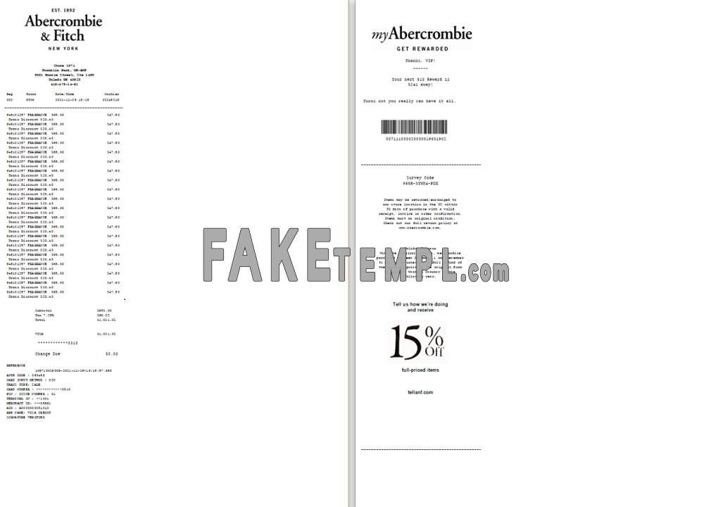 USA New York Abercrombie & Fitch payment checkreceipt Word and PDF template